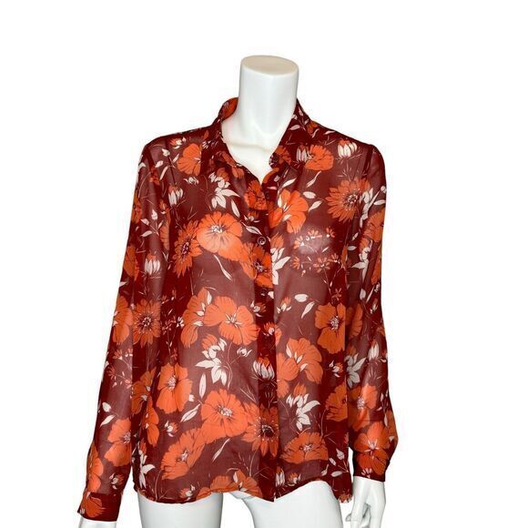 CABI 3766 Hothouse Floral Print Sheer Chiffon Blouse. Long Sleeve Button Up. Red - Picture 1 of 7